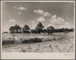 Badly eroded land, farmhouse in the background, near Farmville, Virginia.