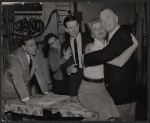 Unidentified man and woman, Peter Brandon, Gaby Rodgers, and Dennis King in rehearsal for the stage production The Hidden River