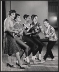 Beatrice Lillie (far right) and dancers in rehearsal for the stage production High Spirits