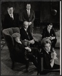 Back row to front row: Danny Sewell, John Harkins, Denis Holmes, Lloyd Battista, William Roerick, and Patricia Roe in the stage production The Homecoming