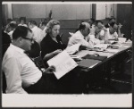 Abe Burrows, Jack Weinstock, Frank Loesser [right] and unidentified others in rehearsal for the stage production How to Succeed in Business Without Really Trying