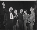 David Wayne, Milton Selzer [center] and unidentified others in rehearsal for the stage production Juniper and the Pagans