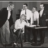 Sam Levene [left], Barbara Nichols [seated], Stanley Prager [center with glasses], George Gobel [center right leaning on table] and unidentified others in rehearsal for the stage production Let It Ride!