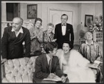 Sam Levene, Vivian Blaine, Ruth McDevitt, Hayden Rorke; (seated, L to R) Michael Goodwin, Kitty Carlisle, and Harold J. Kennedy in the stage production Light Up the Night