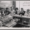Publicity photo of Burt Reynolds, Clinton Kimbrough, Ralph Williams, Zohra Lampert, Zack Matalon, and Collin Wilcox from the stage production Look, We've Come Through at a coffee shop