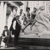 Publicity photo of Clinton Kimbrough, Ralph Williams, Zack Matalon, Burt Reynolds, Zohra Lampert, and Collin Wilcox from the stage production Look, We've Come Through surrounding Patience the Lion at the New York Public Library