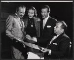 Sam Levene [left], Jerome Chodorov [center right] and unidentified others in rehearsal for the stage production Make a Million