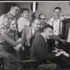 Jacquelyn McKeever, Ray Evans, Abbe Lane, Jose Ferrer, Xavier Cugat, Jay Livingston and Tony Randall in rehearsal for the stage production Oh Captain!
