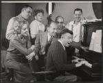 Jacquelyn McKeever, Ray Evans, Abbe Lane, Jose Ferrer, Xavier Cugat, Jay Livingston and Tony Randall in rehearsal for the stage production Oh Captain!