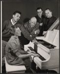 Joe Bova [at left], Mary Rodgers [at piano], George Abbott [center] and unidentified others in rehearsal for the stage production Once Upon a Mattress