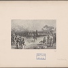 [Henry M. Stanley and others viewing a performance or ceremony by indigenous men carrying shields and spears]