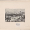 Henry M. Stanley and others viewing a performance or ceremony by indigenous men carrying shields and spears