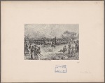 Henry M. Stanley and others viewing a performance or ceremony by indigenous men carrying shields and spears