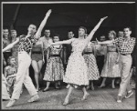 Carol Haney [center], Peter Gennaro [at right] and dancers in the stage production of The Pajama Game