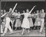 Carol Haney [center], Peter Gennaro [at right] and dancers in the stage production The Pajama Game