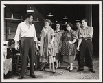 John Raitt, Janis Paige, Thelma Pelish [fourthfrom left] Peter Gennaro [second from right] and unidentified others in the stage production The Pajama Game