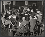 Lyn Austin [seated far left], Joseph Anthony [seated third from left], Robert Duvall [background center wearing tie], Suzanne Osborne [next to Duvall], Howard Da Silva [next to Osborne], Cyril Ritchard [next to Da Silva], Graham Jarvis [second from far right with glasses], Fred Stewart [far right] and unidentified others in rehearsal for the 1962 stage production of Romulus