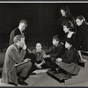 Richard Dysart, William Ball, Frank Kelleher, Jennifer Nebesky, Barbara Colby, James Valentine, Joan Croydon and unidentified [left] in the 1963 stage production of Six Characters in Search of an Author
