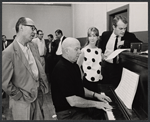 Lyricist Sammy Cahn, James Van Heusen, Julie Harris and unidentified in rehearsal for the stage production Skyscraper