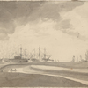 Landscape view of harbor, ships and two people in a row boat