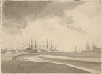 Landscape view of harbor, ships and two people in a row boat