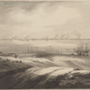 Taken from the height above the watering place on Staaten Island. View of the bay & town of New York with the Phoenix & Rose men of war passing their battery & going up Hudson's River. 12th July 1776