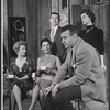 Greta Markson, Johnny Carson [standing], Jordan Bentley [seated], Marsha Hunt and unidentified in the stage production Tunnel of Love