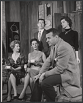 Greta Markson, Johnny Carson [standing], Jordan Bentley [seated], Marsha Hunt and unidentified in the stage production Tunnel of Love