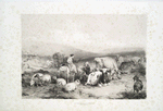 Shepherd and woman in a landscape with cows, sheep and goats.