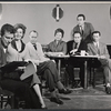 Anthony Franciosa, Geraldine Page, Arthur O'Connell, Anna Chrysoula, unidentified others and playwright Bertrand Castelli [standing] in rehearsal for the stage production The Umbrella
