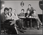 Anthony Franciosa, Geraldine Page, Arthur O'Connell, Anna Chrysoula, unidentified others and playwright Bertrand Castelli [standing] in rehearsal for the stage production The Umbrella