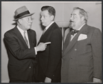 Bert Lahr, Tom Ewell and John Scott Smart in rehearsal for the stage production Waiting for Godot [Coconut Grove Playhouse, Miami, FL, 1956]