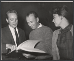 Richard Kiley (center) and unidentified people during rehearsal for the stage production Advise and Consent