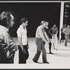 John Cazale [left] Andrei Serban [center] and unidentified others in rehearsal for the stage production Agamemnon
