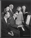 Robert Wright, George Forrest [seated], Lillian Gish, George Abbott, Constance Towers and unidentified in rehearsal for the stage production Anya