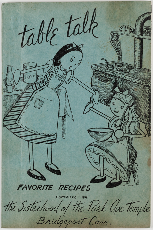 Book cover of Table talk: favorite recipes of the sisterhood of the Park Ave. Temple, Bridgeport, Conn. showing mother and daughter preparing food in an old-fashioned kitchen
