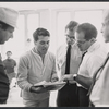 Herschel Bernardi, choreographer Peter Gennaro, composer Walter Marks, writer Ernest Kinoy, and unidentified man during rehearsal for the stage production Bajour