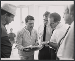 Herschel Bernardi, choreographer Peter Gennaro, composer Walter Marks, writer Ernest Kinoy, and unidentified man during rehearsal for the stage production Bajour