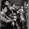 Gus Trikonis, Herschel Bernardi, five unidentified actors, Chita Rivera, and Herb Edelman in the stage production Bajour