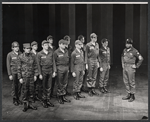 Stephen Clarke [second from left], William Atherton [fourth from left], Earl Hindman [seventh from left], Edward Herrmann [third from right] and Joe Fields [far right] in the 1971 Off-Broadway production of The Basic Training of Pavlo Hummel