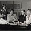 Director Peter Glenville, unidentified woman, Anthony Quinn, producer David Merrick, and Laurence Olivier during rehearsal for the stage production Becket