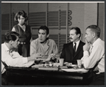 Director Peter Glenville, unidentified woman, Anthony Quinn, producer David Merrick, and Laurence Olivier during rehearsal for the stage production Becket