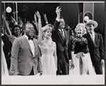 Louis Armstrong [left], Jane Powell [second from left], Dale Evans [second from right], Roy Rogers [right] and unidentified [center] with unidentified otheres in background on the television program The Bell Telephone Hour