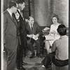 Two unidentified men, playwright/lyricist Sidney Michaels, Ulla Sallert, and director/choreographer Michael Kidd during rehearsal for the stage production Ben Franklin in Paris
