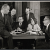 Melvyn Douglas, Lee Tracy, playwright Gore Vidal, Frank Lovejoy, Leora Dana, and director Joseph Anthony during rehearsal for the stage production The Best Man