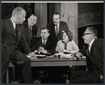 Melvyn Douglas, Lee Tracy, playwright Gore Vidal, Frank Lovejoy, Leora Dana, and director Joseph Anthony during rehearsal for the stage production The Best Man