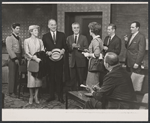 Leora Dana and Melvyn Douglas (second and third from left), Barbara Berjer (fifth from left), Karl Weber (far right), and unidentified cast members in the stage production The Best Man