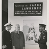 Artist Jacob Lawrence, with Coast Guard Captain Joe S. Rosenthal and photographer Carl Van Vechten, at his painting exhibition