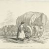 Old woman passing a covered wagon on a road.