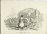 Old woman passing a covered wagon on a road.
